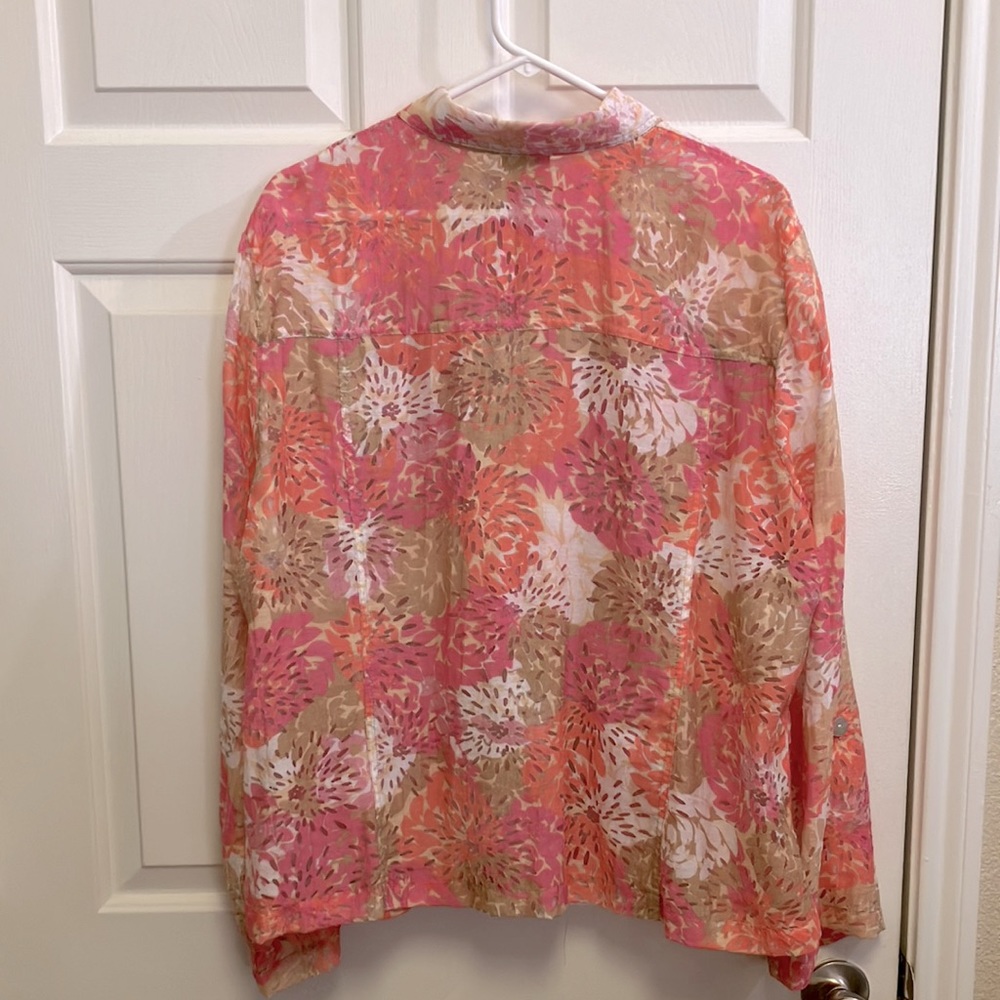 Ruby Rd. Pink Orange White Tan Floral Semi-Sheer Roll Tab Sleeve Shacket Size 20 - Picture 2 of 6